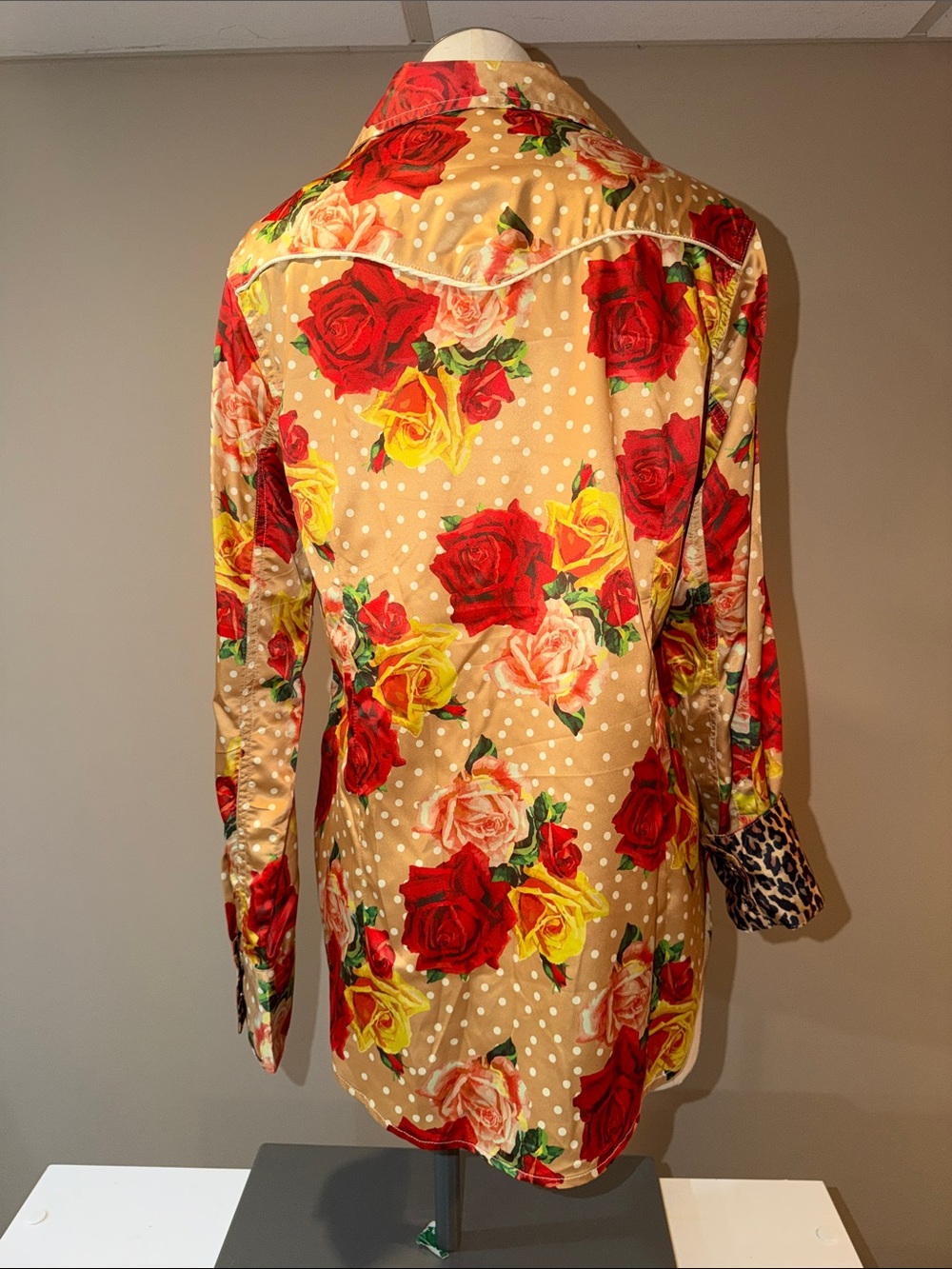 Floral Polka Dot Button-Down Shirt in Tan with Red & Yellow Roses - Picture 5 of 5